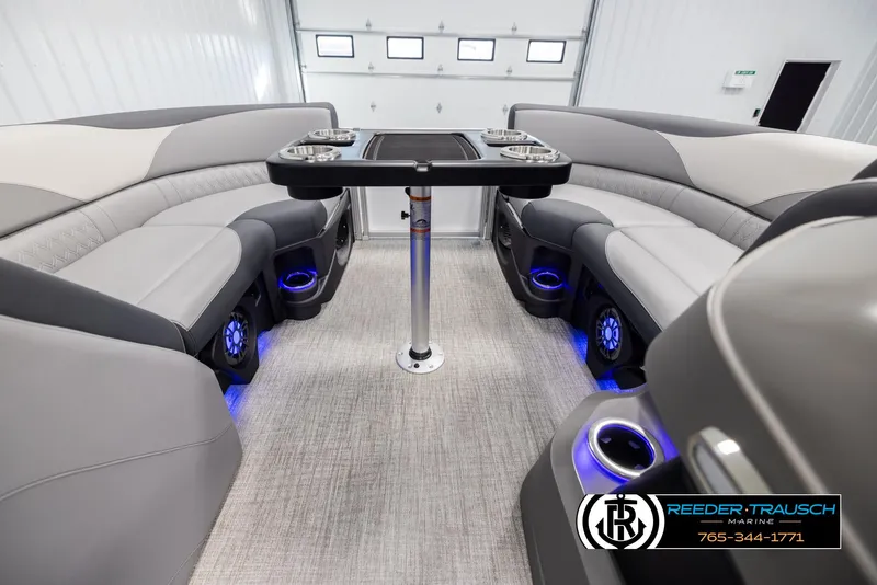 Slide: The Image of Luxurious 2025 Avalon LSZ QLS boat interior with LED lighting and plush seating. - 20