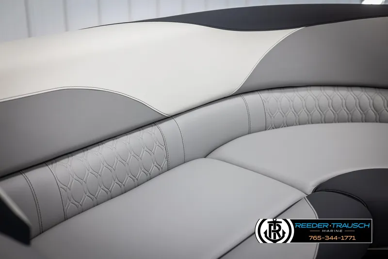 Slide: The Image of Avalon LSZ QLS 2025 boat seating with elegant gray and white upholstery design. - 35