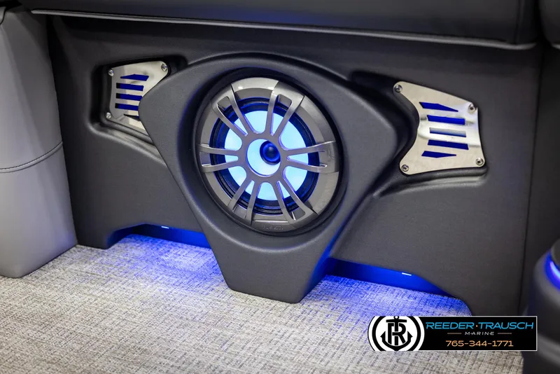 Slide: The Image of Avalon LSZ QLS 2025 boat speaker with blue LED lighting and modern design. - 38