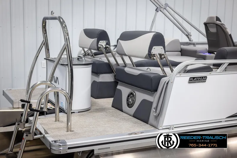 Slide: The Image of 2025 Avalon LSZ QLS pontoon boat with stylish seating and ladder. - 47