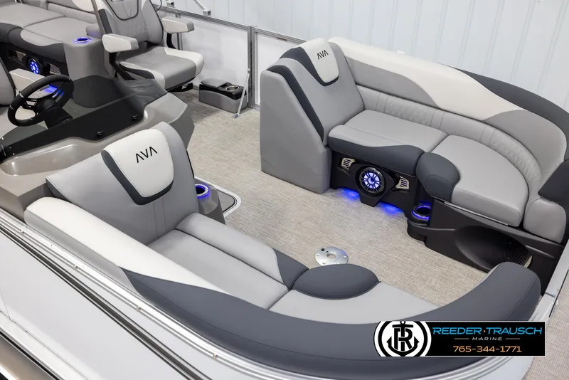 Slide: The Image of Luxurious 2025 Avalon LSZ QLS boat interior with plush seating and ambient lighting. - 9
