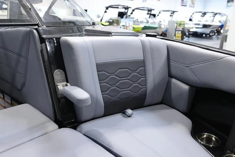 Slide: The Image of 2024 Malibu 23 LSV interior with gray leather seating and modern design. - 17