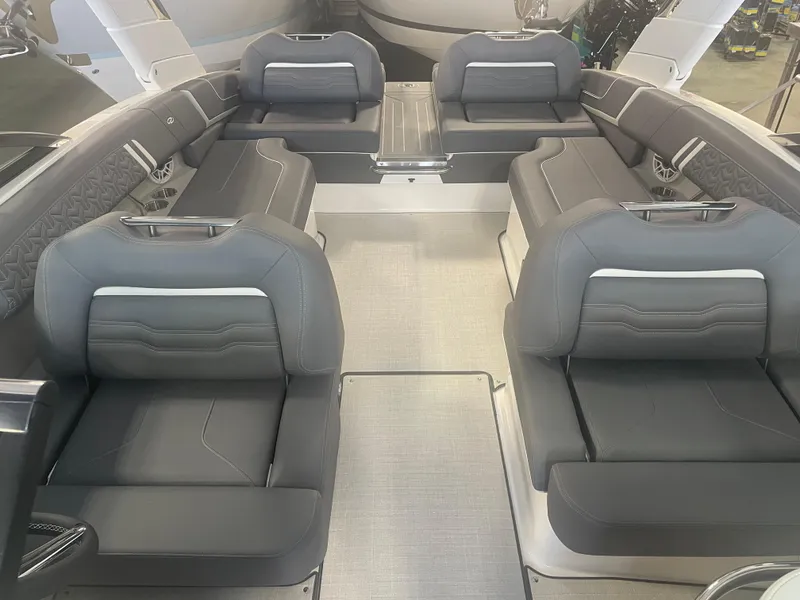 Slide: The Image of 2025 Regal LS9 boat interior with luxurious gray seating and modern design. - 3