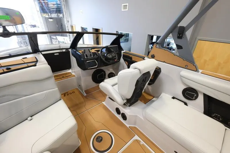 Slide: The Image of 2024 Axis T250 boat interior with white seating and modern dashboard. - 13