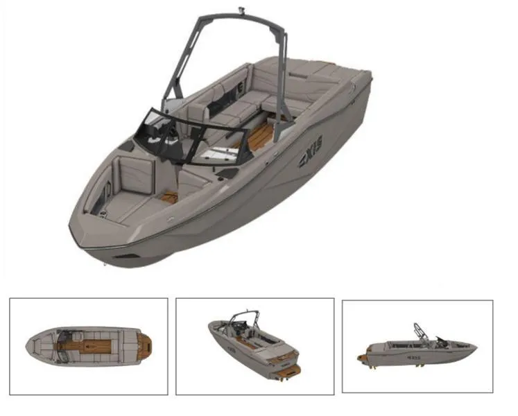 Slide: The Image of 2024 Axis T250 boat, sleek design, multiple angles, gray exterior, spacious interior. - 3
