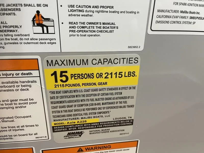 Slide: The Image of Maximum capacity label for Axis A225 boat, 2025 model, limits: 15 persons or 2115 lbs. - 17