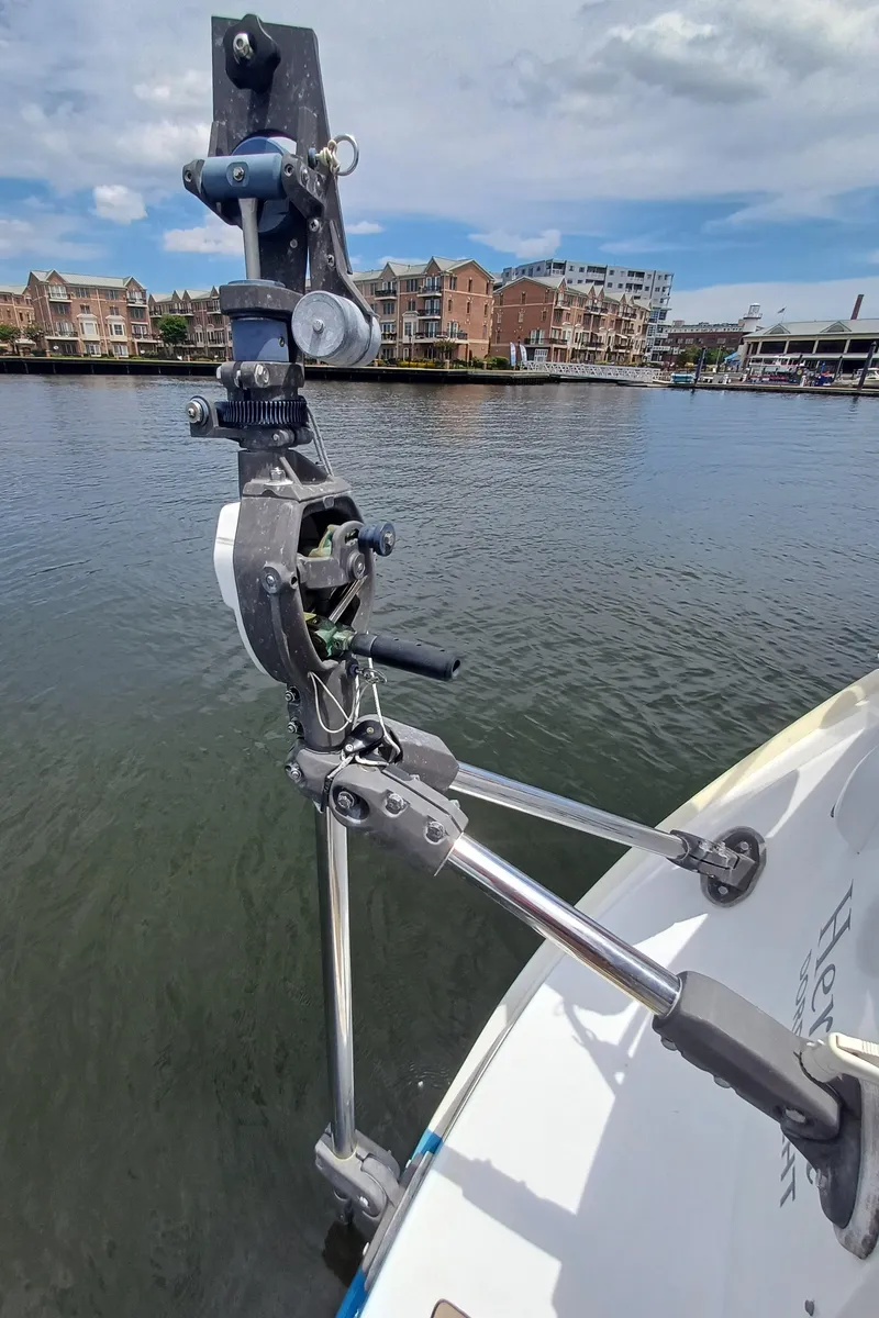 Slide: The Image of Sailboat rigging on a 2001 Beneteau Oceanis 393, docked in a marina. - 37