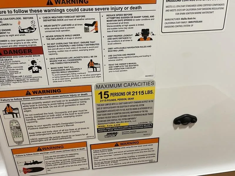 Slide: The Image of Warning labels and capacity limits on Axis A225, 2025 model, indicating 15 persons or 2115 lbs. - 19