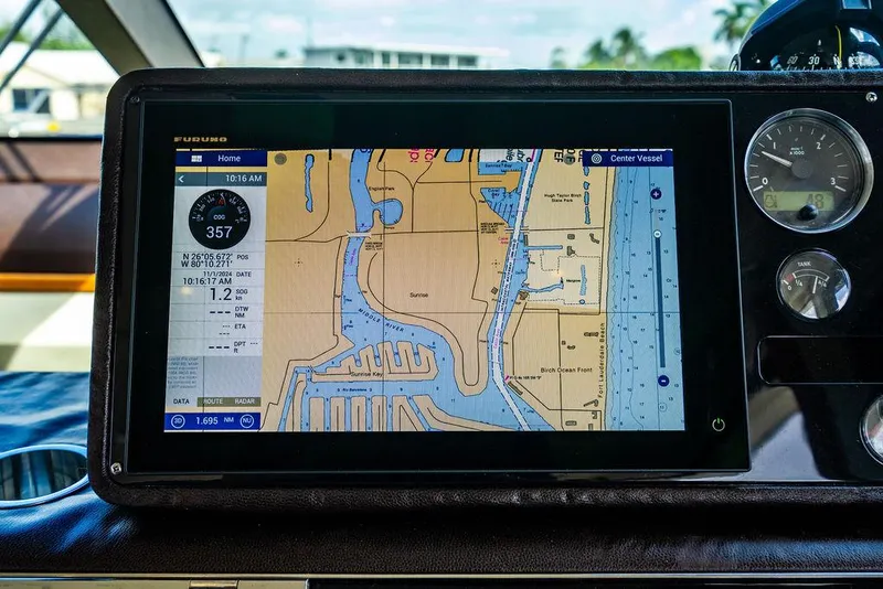Slide: The Image of Navigation system on 2010 Princess V78 yacht displaying a detailed marine map. - 29