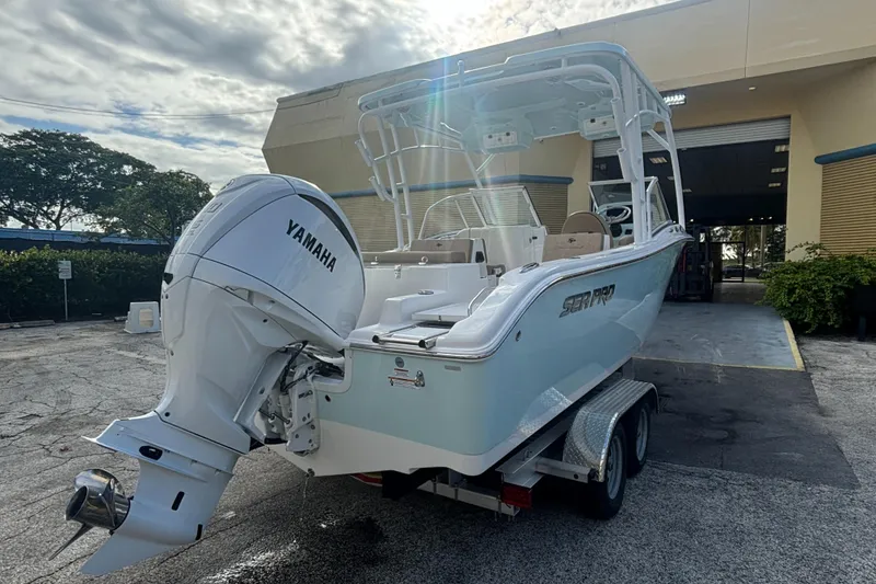 Slide: The Image of 2025 Sea Pro 240 Dual Console boat with Yamaha engine on trailer. - 6