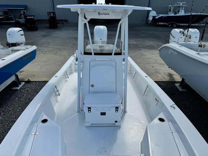 Slide: The Image of 2025 BlackJack 256 Bay boat, white interior, docked in a marina. - 10
