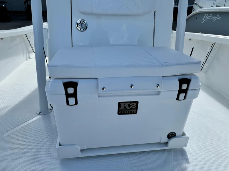 Slide: The Image of White K2 cooler on 2025 BlackJack 256 Bay boat deck. - 11