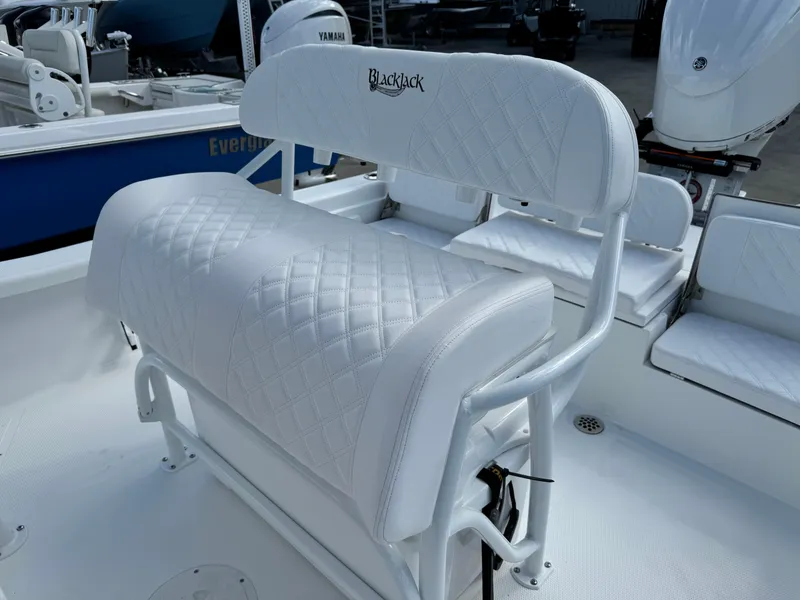 Slide: The Image of 2025 BlackJack 256 Bay boat with white quilted seating. - 19
