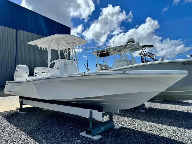 Slide: The Image of 2025 BlackJack 256 Bay boat displayed outdoors under a blue sky. - 5