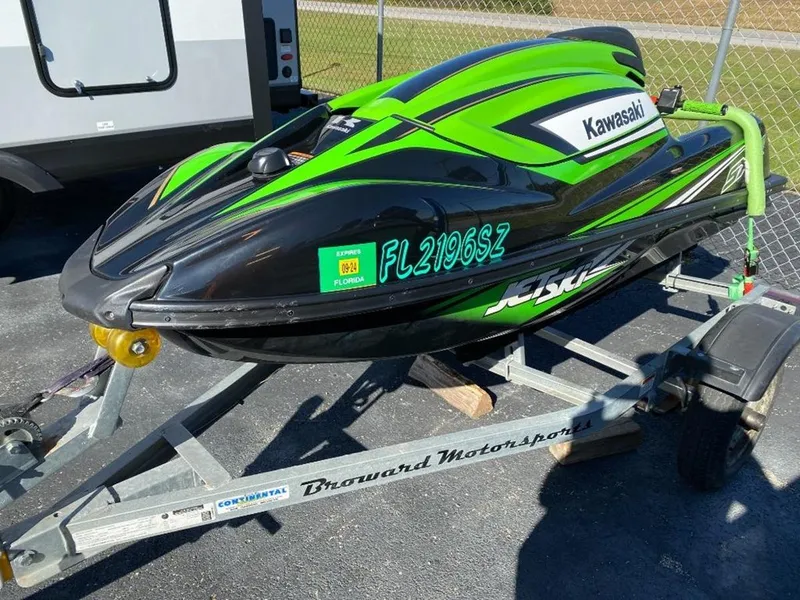 Slide: The Image of 2021 Kawasaki Jetski SX-R in green and black on a trailer. - 10