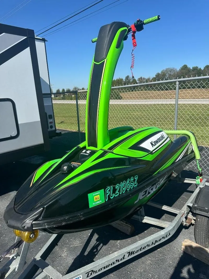 Slide: The Image of 2021 Kawasaki Jetski SX-R in green and black on a trailer. - 15