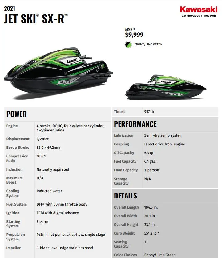 Slide: The Image of 2021 Kawasaki Jet Ski SX-R in ebony/lime green with detailed specifications and pricing. - 4