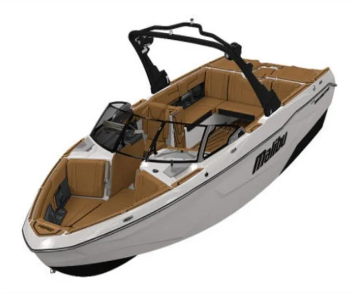 Slide: The Image of 2025 Malibu 25 LSV boat with sleek design and spacious seating. - 1