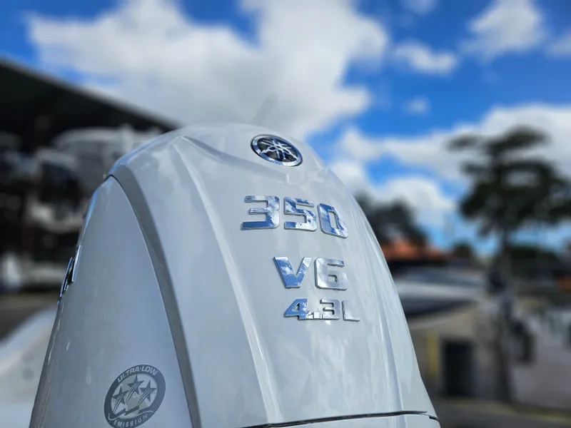 Slide: The Image of Close-up of a 2025 Sea Hunt BX 25 FS boat engine, 350 V6 4.3L. - 2