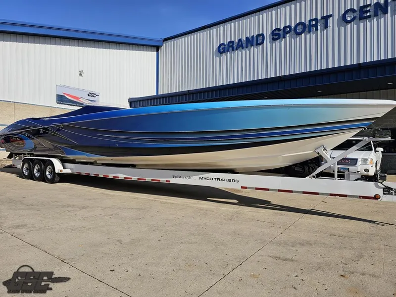 Slide: The Image of 2008 Outerlimits 46 Limited speedboat on trailer at Grand Sport Center. - 15