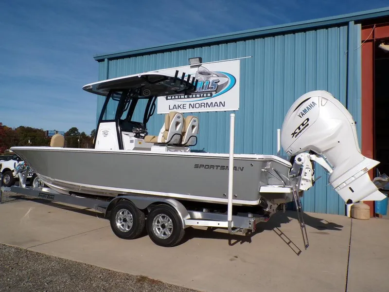 Slide: The Image of 2025 Sportsman Masters 267 boat with Yamaha engine on trailer at Lake Norman. - 3