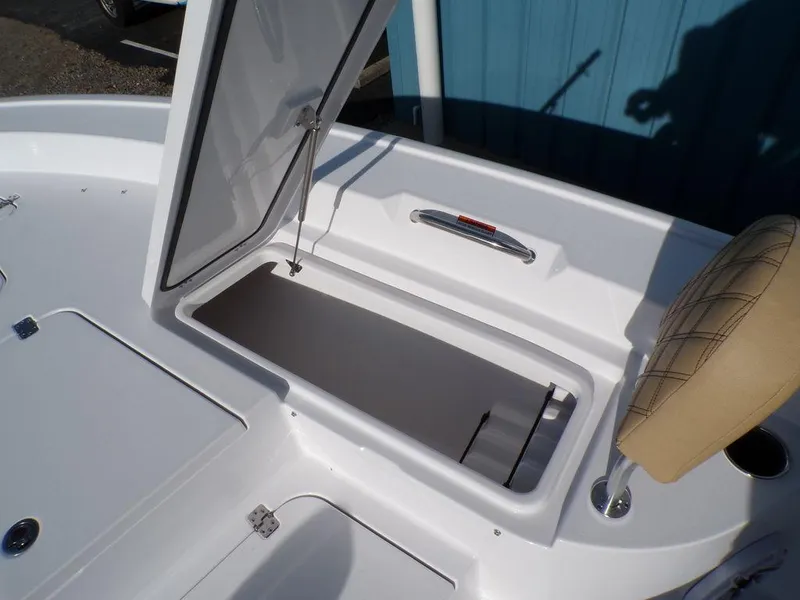Slide: The Image of 2025 Sportsman Masters 267 boat storage compartment open, showcasing spacious interior. - 31