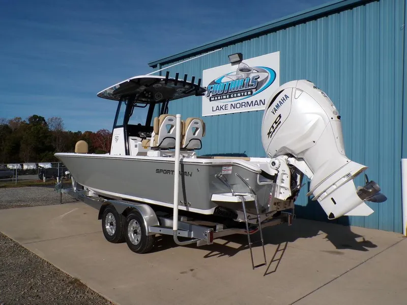 Slide: The Image of 2025 Sportsman Masters 267 boat on trailer at dealership, Lake Norman. - 4