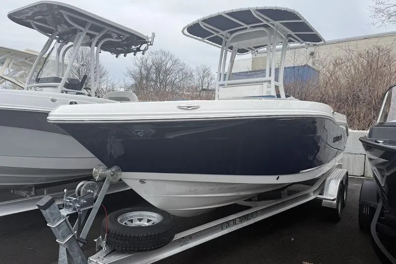 Slide: The Image of 2025 Robalo R 202 EX boat on trailer, featuring sleek design and T-top canopy. - 6