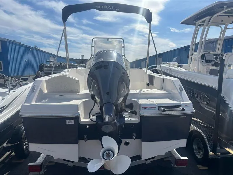 Slide: The Image of 2025 Robalo R 180 CC boat, rear view, outboard motor, marina setting. - 3
