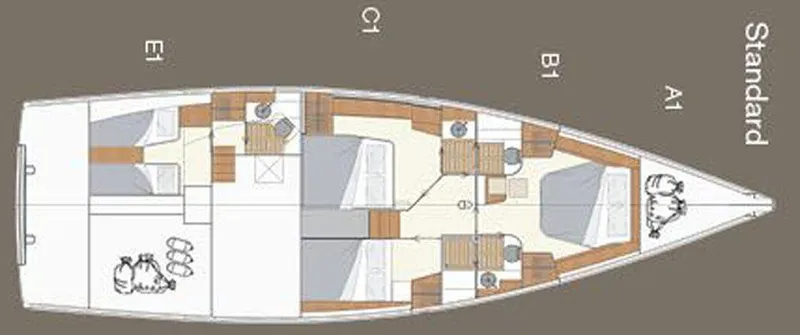 Slide: The Image of Floor plan of a 2025 Moody 54 DS yacht, showing cabin layout and interior design. - 32
