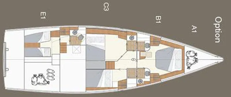 Slide: The Image of Floor plan of a 2025 Moody 54 DS yacht, showing cabin and layout options. - 33