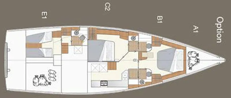 Slide: The Image of Floor plan of a 2025 Moody 54 DS yacht, showcasing cabin and layout options. - 35