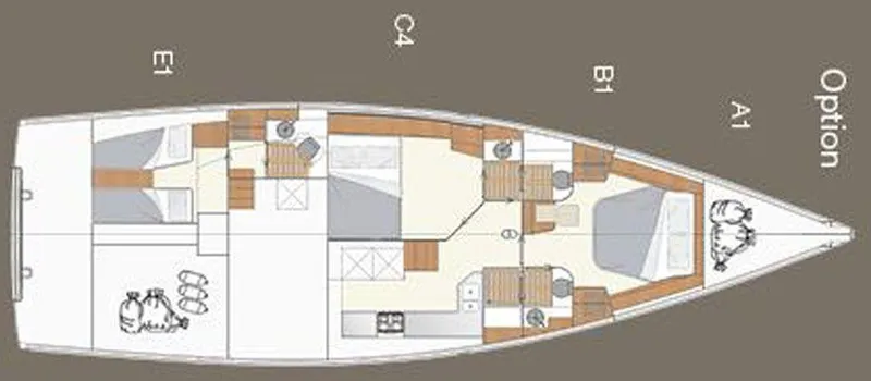 Slide: The Image of Floor plan of 2025 Moody 54 DS yacht, showing cabin and layout options. - 36