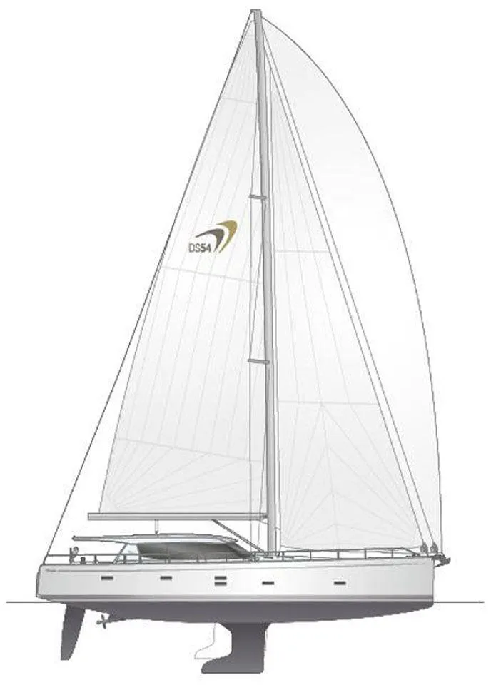 Slide: The Image of 2025 Moody 54 DS sailboat design, featuring sleek lines and modern sail configuration. - 37