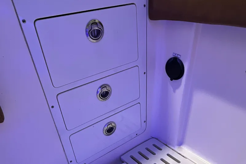 Slide: The Image of 2021 Scout 305 LXF boat storage compartments with sleek design and modern features. - 13