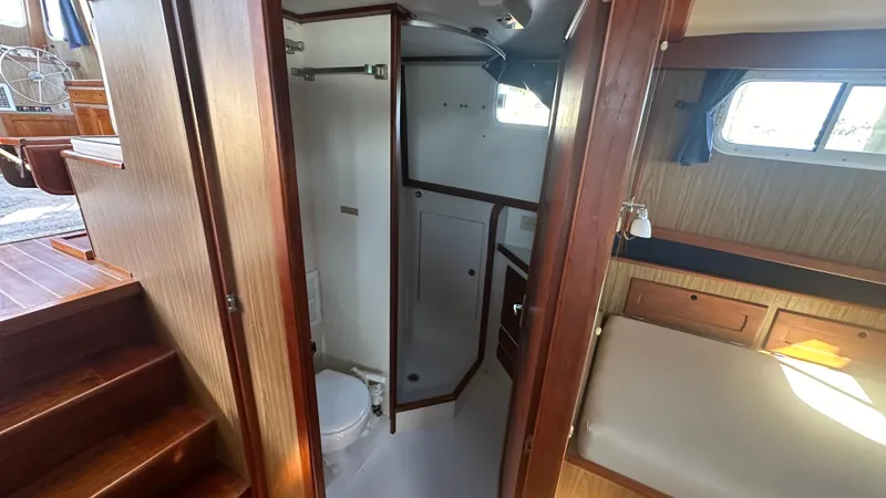 Slide: The Image of Interior of 1972 Bristol 42 Offshore Trawler showing bathroom and cabin area. - 15