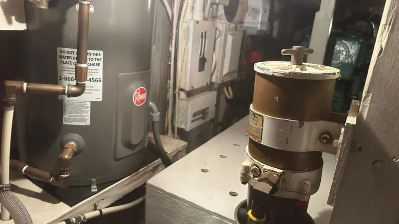 Slide: The Image of Engine room of 1972 Bristol 42 Offshore Trawler with water heater and mechanical components. - 25