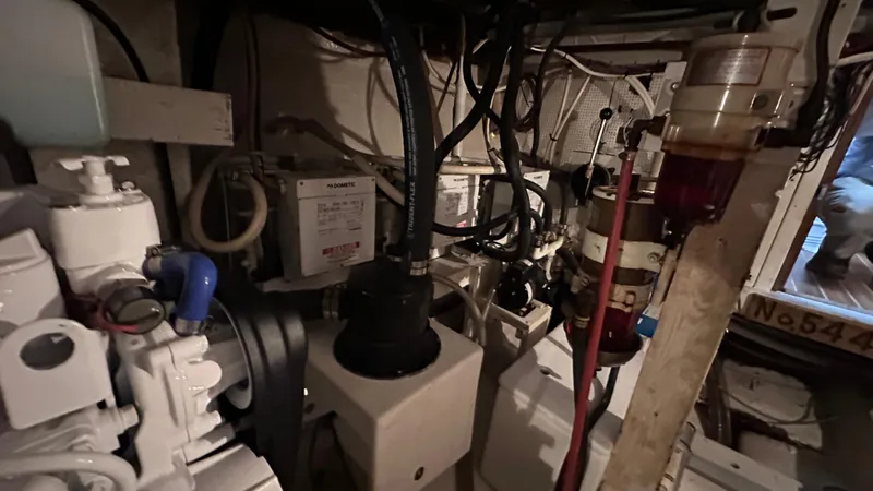 Slide: The Image of Engine room of 1972 Bristol 42 Offshore Trawler with mechanical components and wiring. - 30