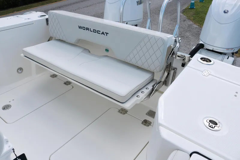 Slide: The Image of 2025 World Cat 260 CC-X boat with foldable seating and dual engines. - 15