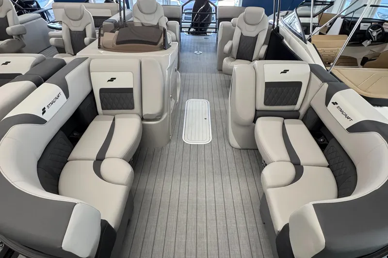Slide: The Image of Luxurious interior of 2025 Starcraft SLS 3 boat with plush seating and modern design. - 2