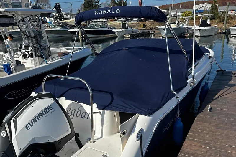 Slide: The Image of 2018 Robalo R227 Dual Console boat with Evinrude engine, docked and covered. - 16