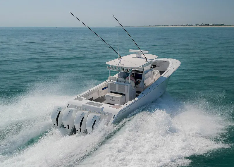 Slide: The Image of 2022 Front Runner 39 Center Console boat cruising on open water. - 27