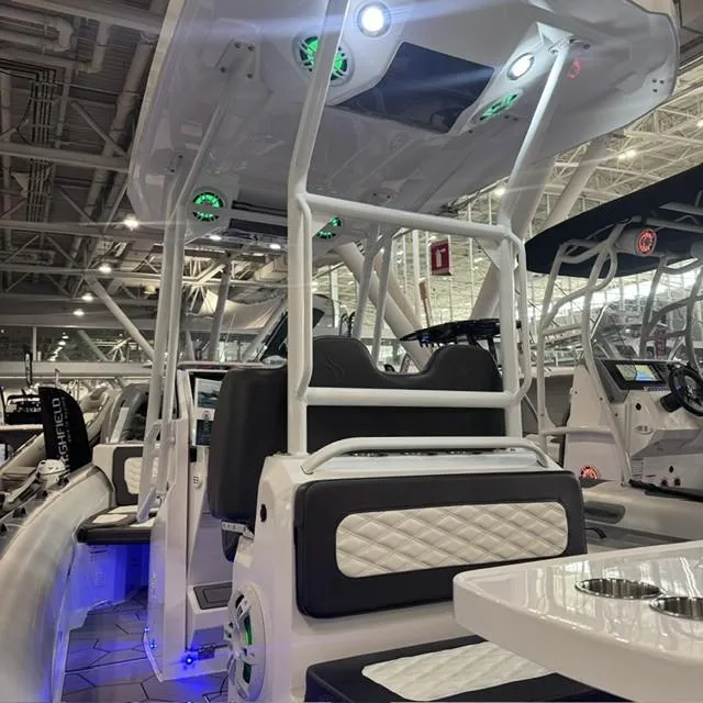 Slide: The Image of 2025 Highfield Sport 760 boat interior with modern seating and lighting. - 9