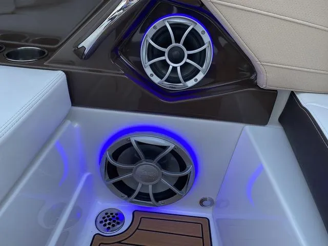 Slide: The Image of Monterey 278SS 2017 boat interior with speakers and blue LED lighting. - 34