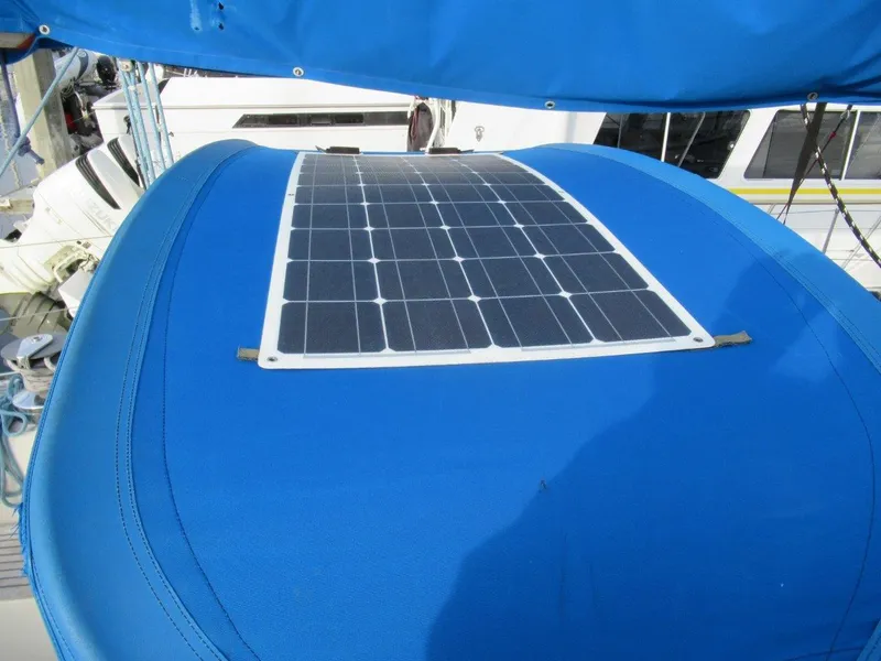 Slide: The Image of Solar panel on blue canopy of 1981 Sweden Yachts 41 sailboat. - 11