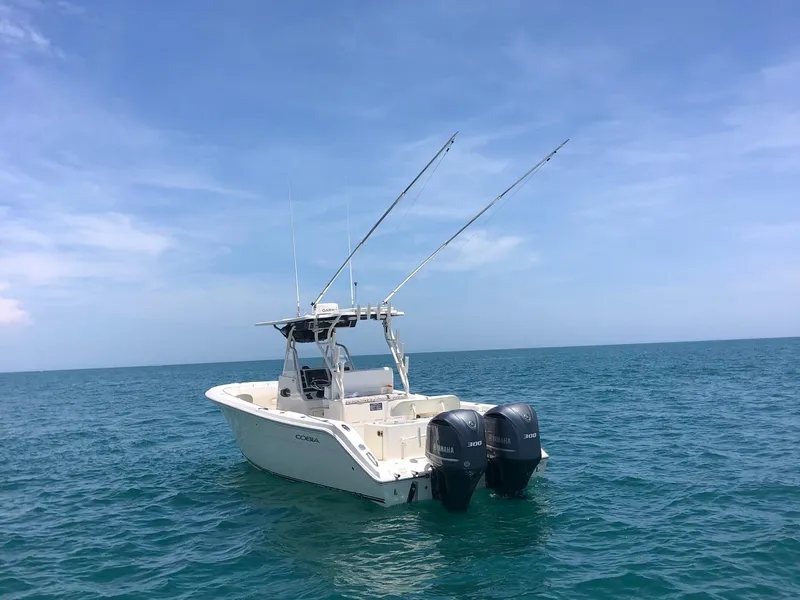 Slide: The Image of 2014 Cobia 296 Center Console boat on open sea under clear blue sky. - 12