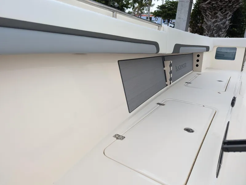 Slide: The Image of 2025 Blackwood 290LXF boat interior with storage compartments and sleek design. - 16
