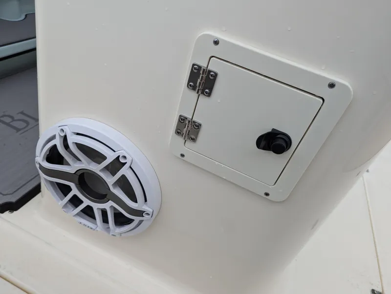 Slide: The Image of 2025 Blackwood 290LXF boat speaker and access panel detail. - 20