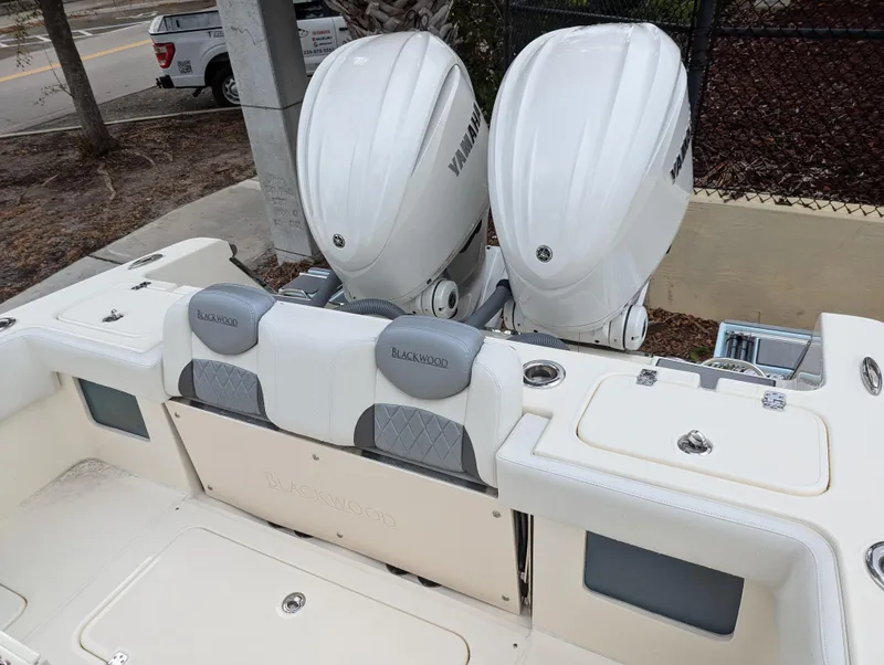 Slide: The Image of 2025 Blackwood 290LXF boat with dual Yamaha outboard engines, rear seating view. - 21