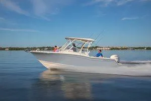 Slide: The Image of 2025 Grady-White Freedom 235 boat cruising on calm water under a clear blue sky. - 10